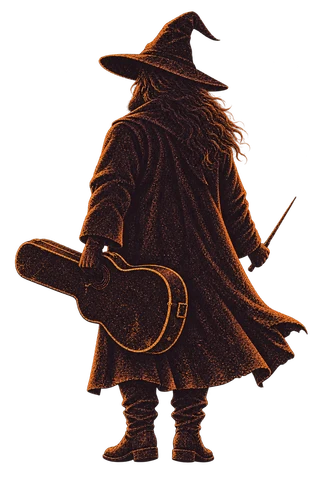 Yonder in a black wizard hat and long coat, carrying his guitar case